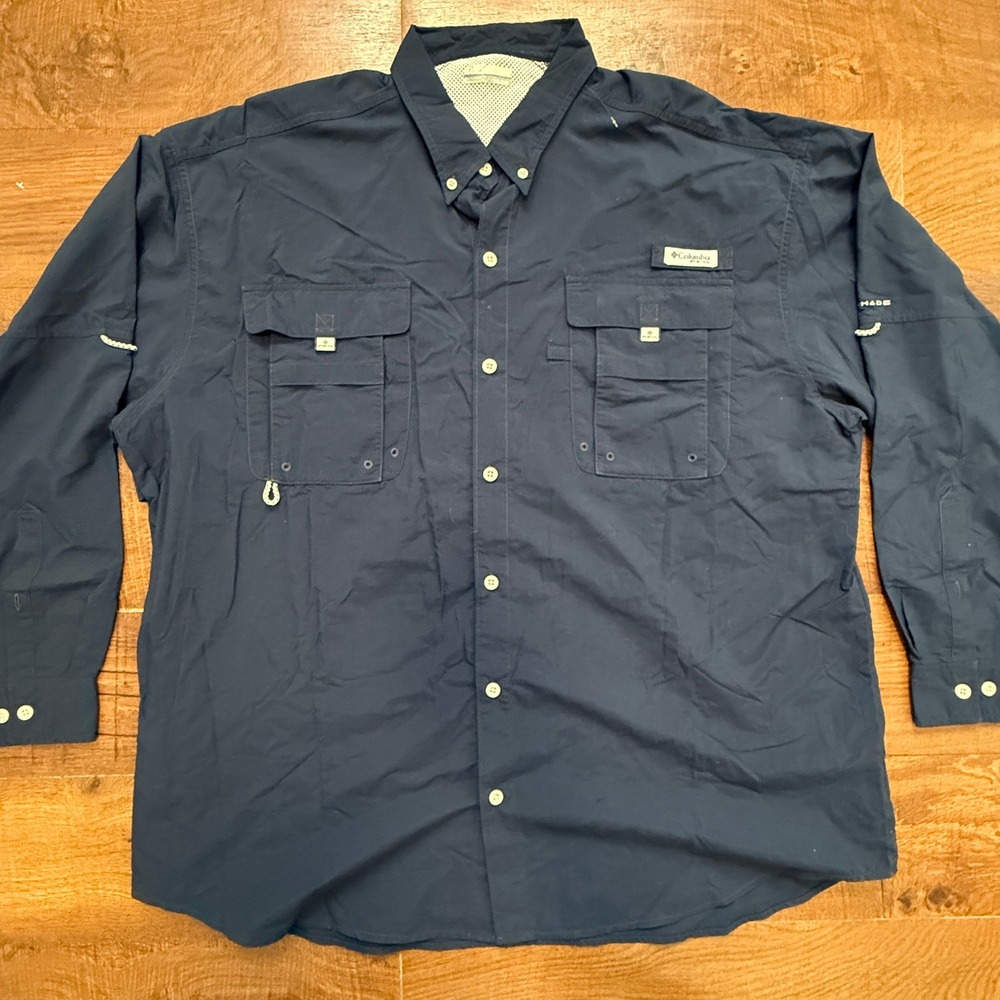 Columbia PFG Fishing Shirt Mens XXL Navy Blue Long Sleeve Omni-Shade Ventilated